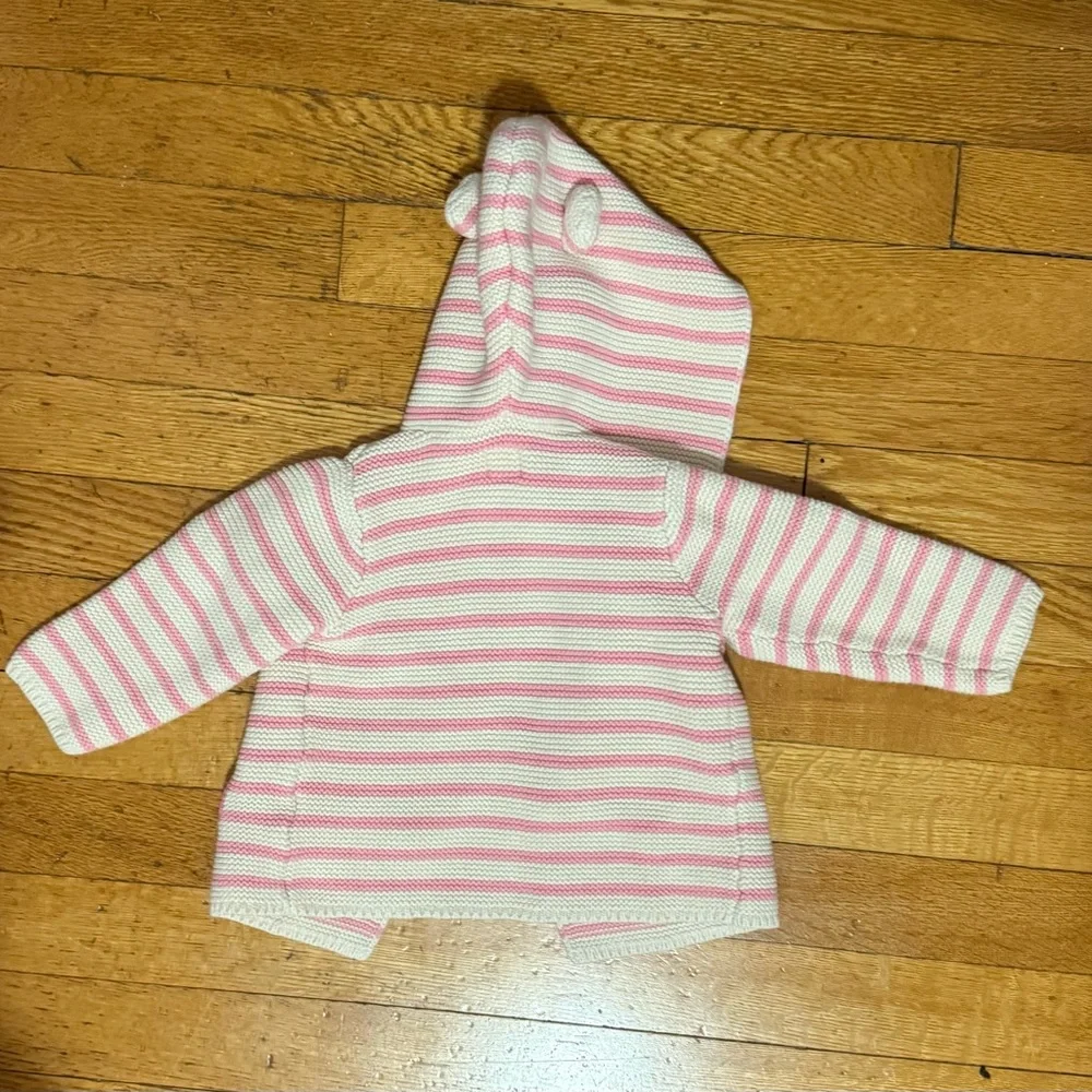 GAP Baby Pink White Hooded Knit Cardigan Heart Bear Ears Girls 6–12 Months